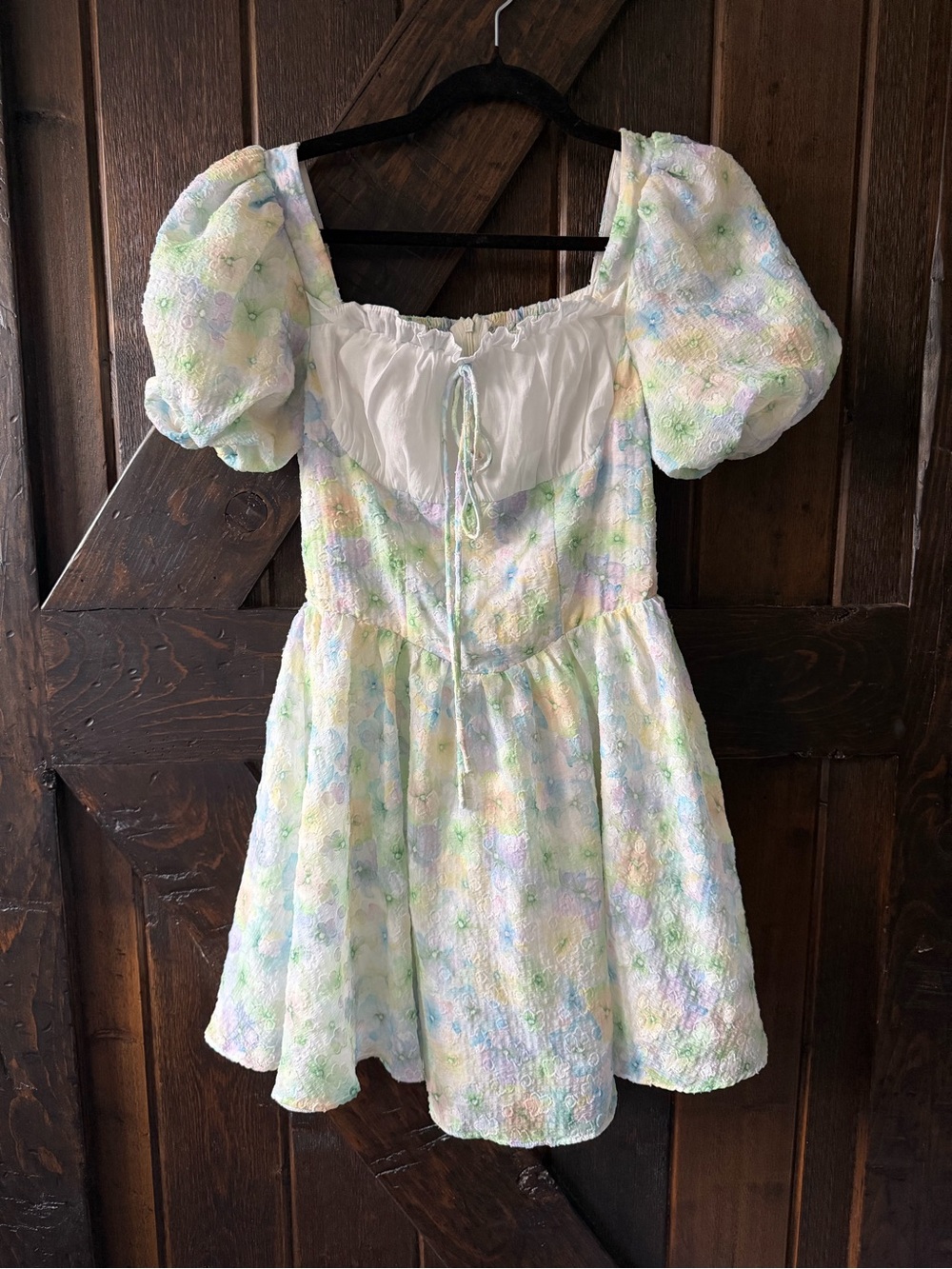 Pastel Floral Textured Babydoll Mini Dress Puff Sleeve Milkmaid Cottagecore